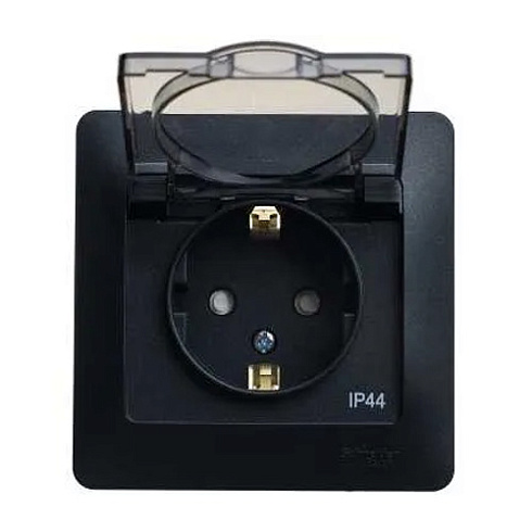 Розетка 1-м Glossa с/з со шторками и крышкой 16А в сборе антрацит IP44  Sche GSL000748