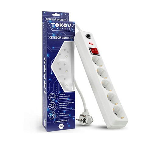 Удл.с сет.фильтром 5х3м с с/з с выкл. 16А ПВС 3х1 Tokov Electric TKE-C01-SF5-3-ZV