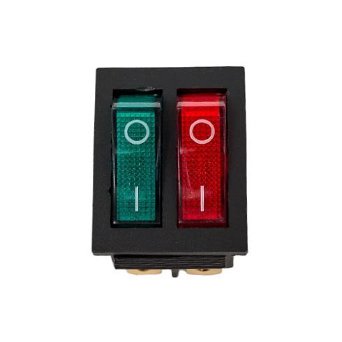Переключатель клавишн. (2 клав) 15А/250V красный/зеленый с подсвет. Rexant 36-2450