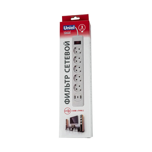 Удл. с сетевым фильтром 5х3м+2USB+1TYPE C, с/з,10A 2500Вт S-GSR5-3 U2C1 White/Grey Uniel UL-00012109