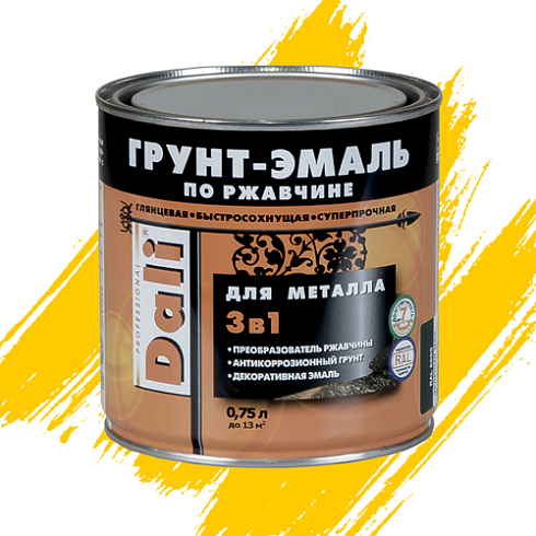 ГРУНТ-ЭМАЛЬ ПО РЖАВЧИНЕ "DALI" 3 в 1 гладкая желтая 0,75 Л (6) Рогнеда